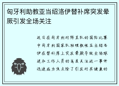 匈牙利助教亚当绍洛伊替补席突发晕厥引发全场关注 匈牙利助教亚当绍洛伊替补席突发晕厥引发全场关注