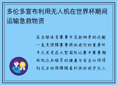 多伦多宣布利用无人机在世界杯期间运输急救物资